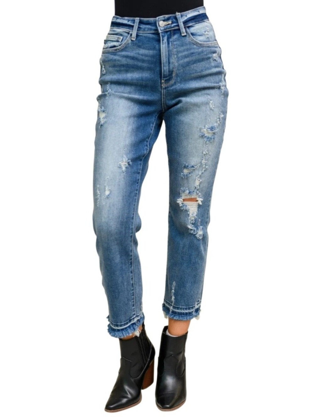 Judy Blue Distressed High Rise Straight Leg Cropped Ankle Jeans Raw Hem 9 29 NWT